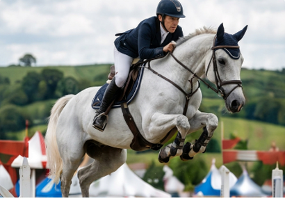 A show jumper clearing a fence on a grey horse