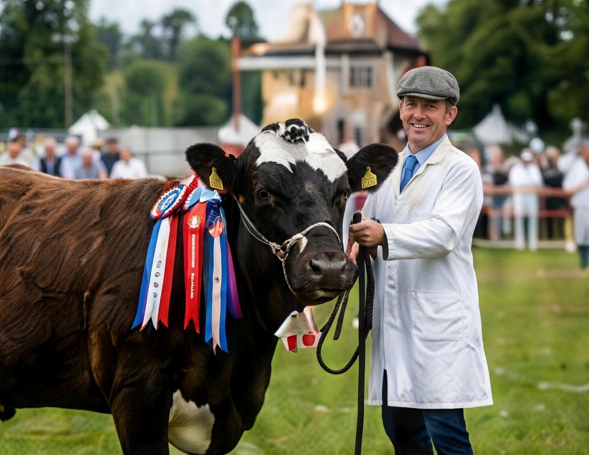 A steward presenting a rosette-winning cow at an agricultural show
