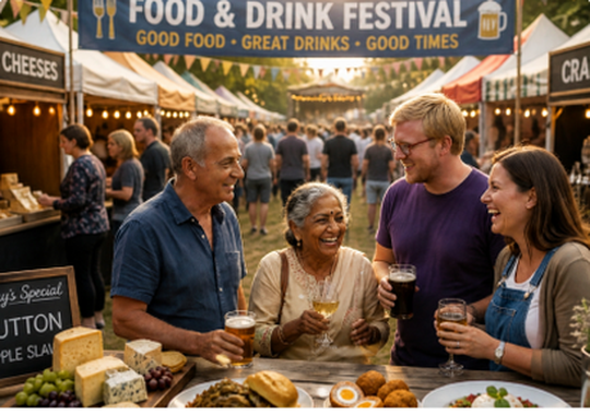 Visitors enjoying food and drink at a countryside festival
