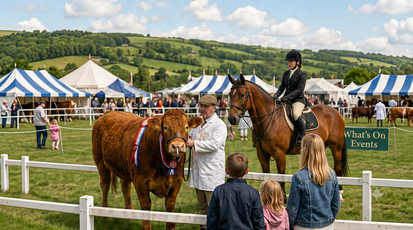 A steward presenting a prize-winning bull beside a young rider on horseback at a country show